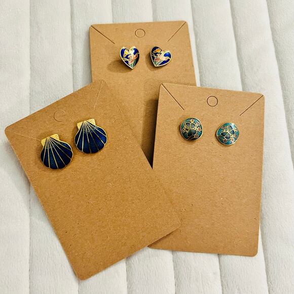 VINTAGE Set of 3 Earrings CLOISONE Small Heart, Shell, And Butterfly Post Back - Picture 1 of 7